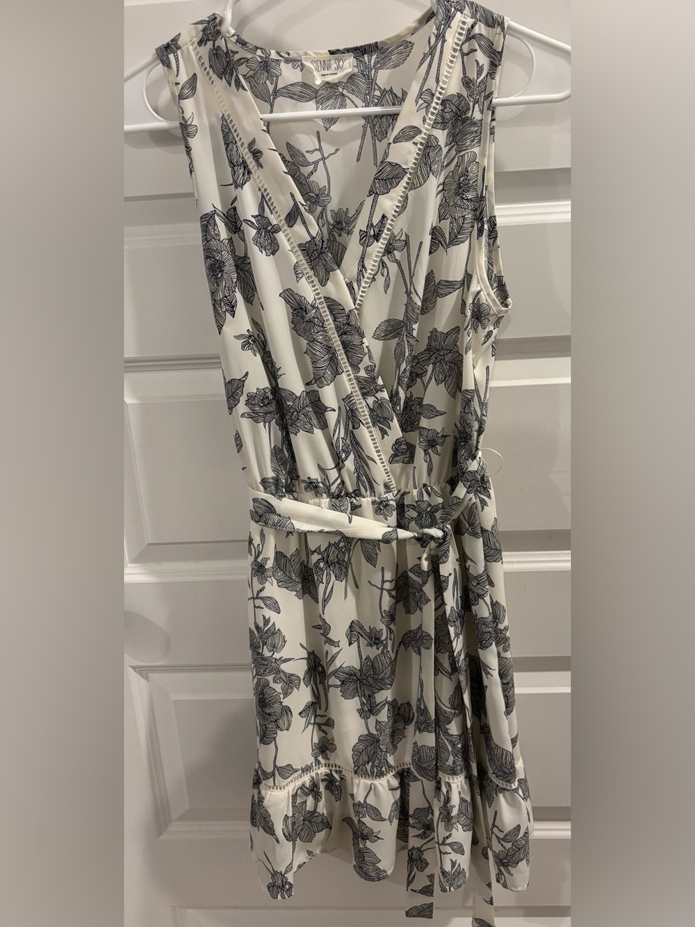 Sienna Sky, Sleeveless Floral Faux Wrap Dress in Cream and Navy